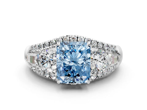 White gold Three-Stone Fancy Blue Radiant Cut Diamond Engagement Ring with Pave Band and Prong Setting_12