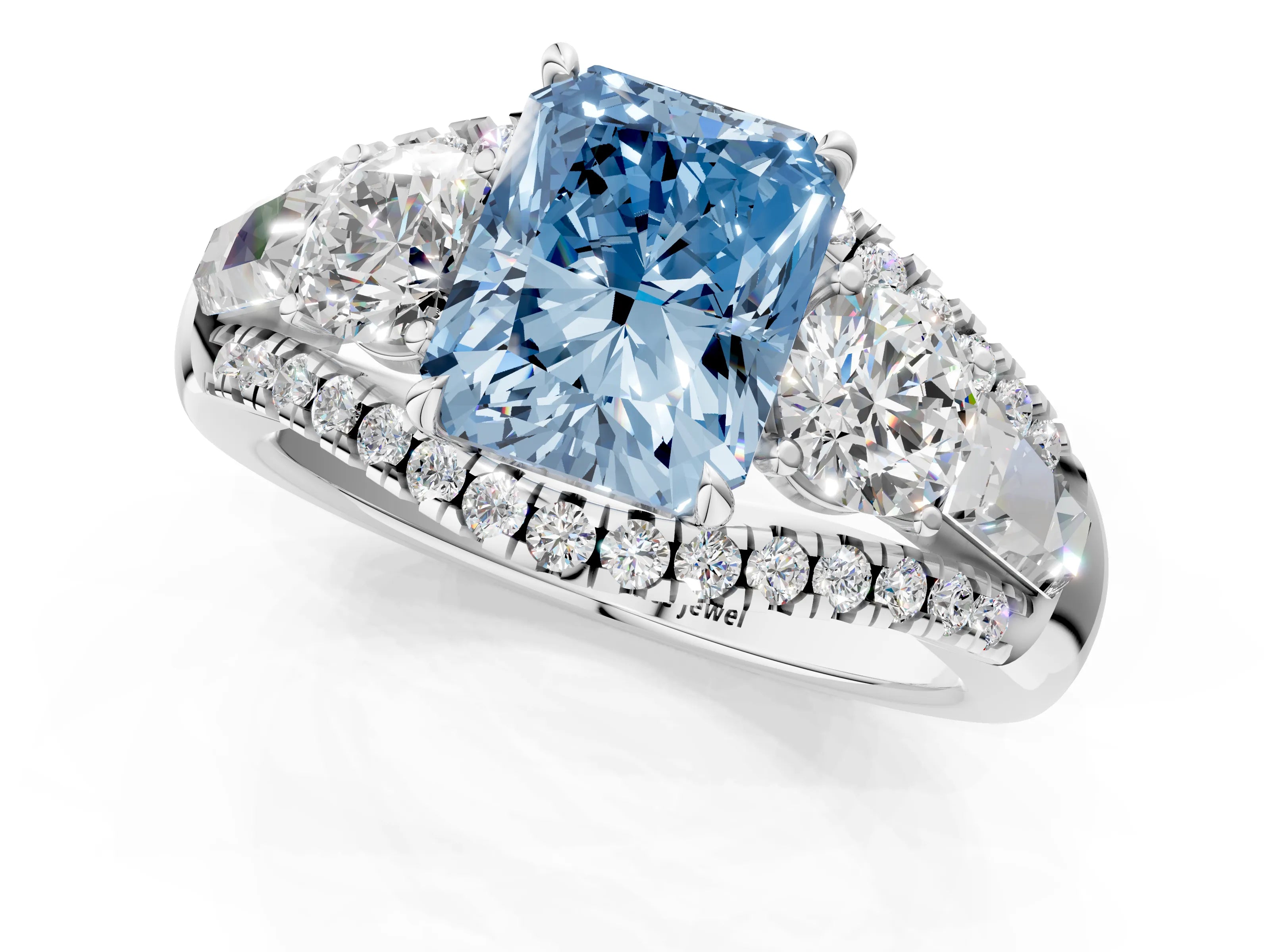 White gold Three-Stone Fancy Blue Radiant Cut Diamond Engagement Ring with Pave Band and Prong Setting_13