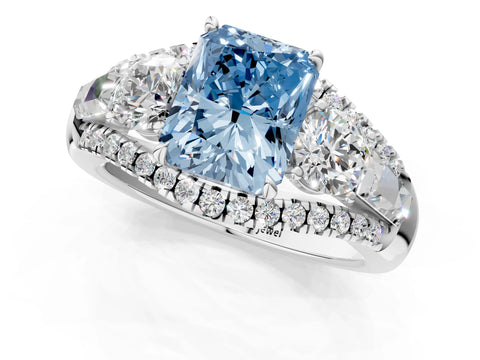 White gold Three-Stone Fancy Blue Radiant Cut Diamond Engagement Ring with Pave Band and Prong Setting_13