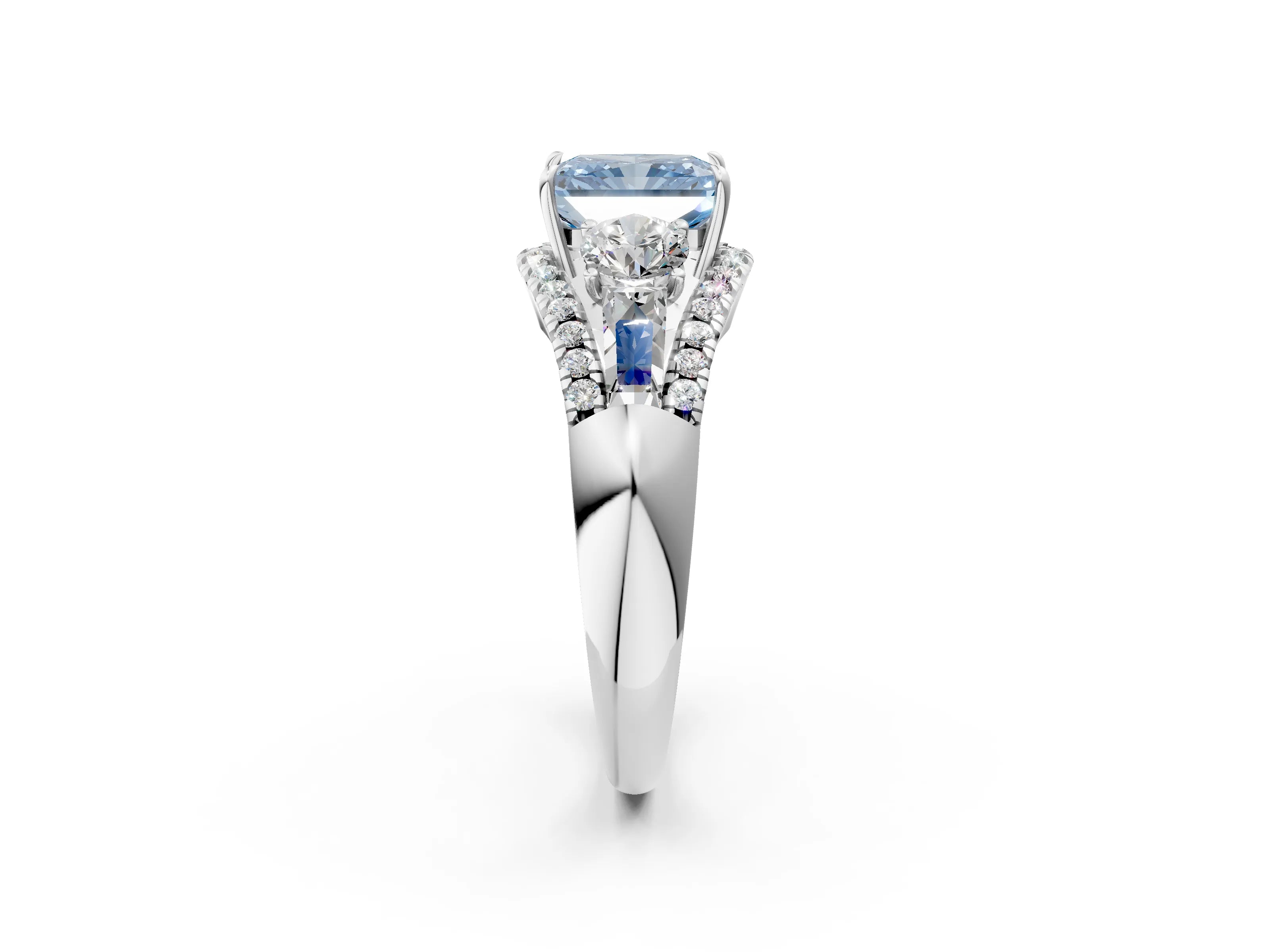 White gold Three-Stone Fancy Blue Radiant Cut Diamond Engagement Ring with Pave Band and Prong Setting_14