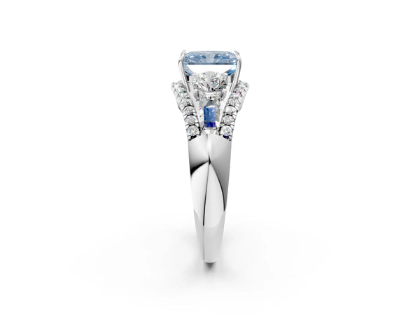 White gold Three-Stone Fancy Blue Radiant Cut Diamond Engagement Ring with Pave Band and Prong Setting