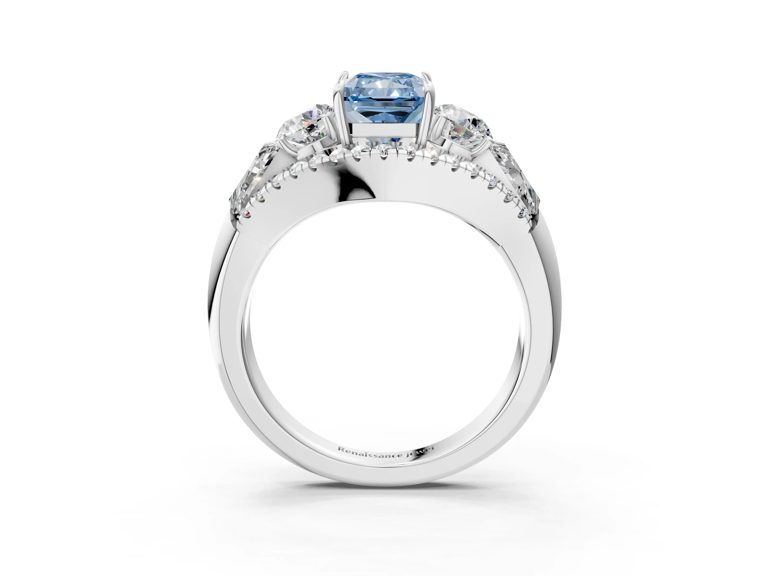 White gold Three-Stone Fancy Blue Radiant Cut Diamond Engagement Ring with Pave Band and Prong Setting_15