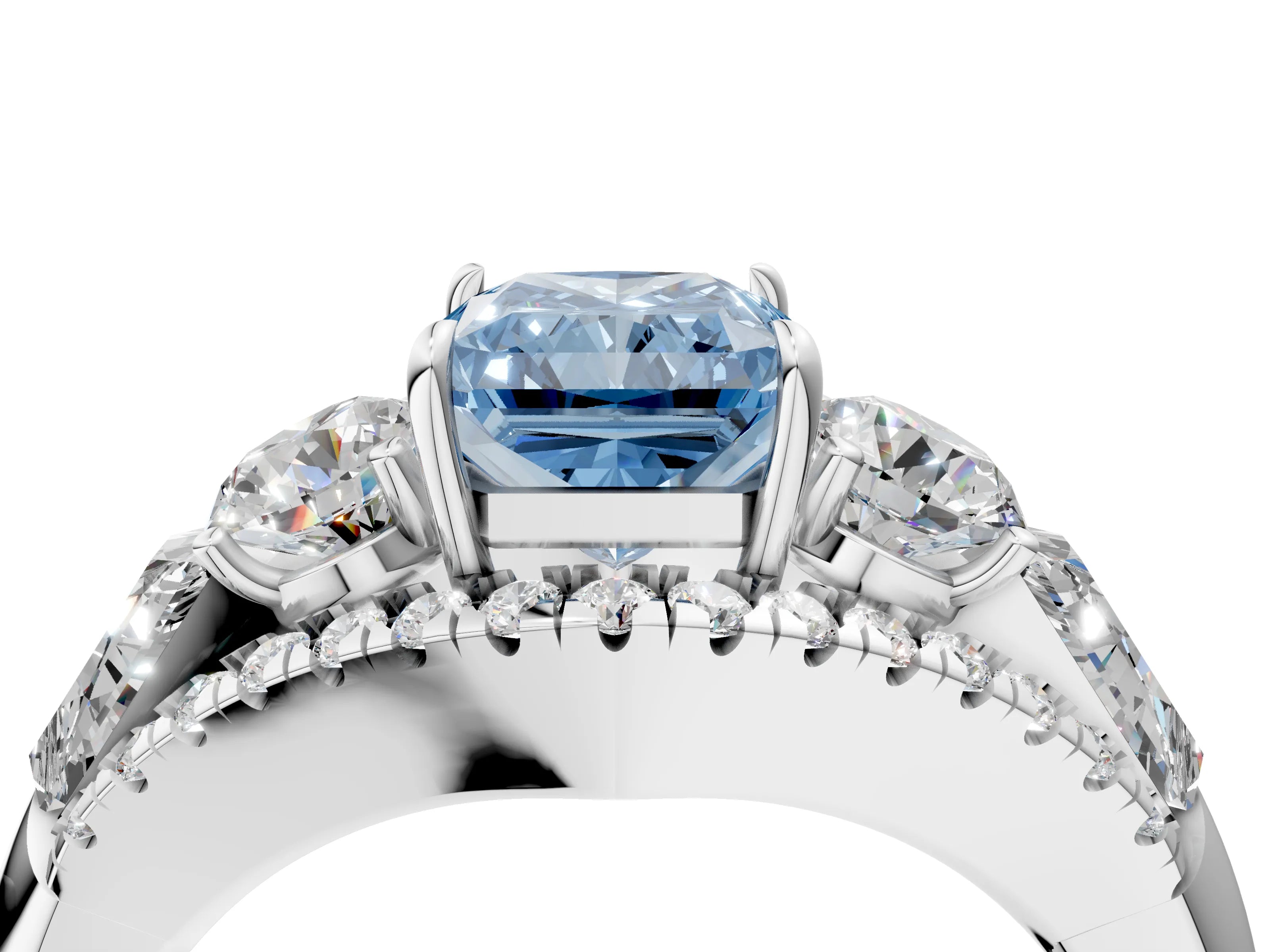 White gold Three-Stone Fancy Blue Radiant Cut Diamond Engagement Ring with Pave Band and Prong Setting_16