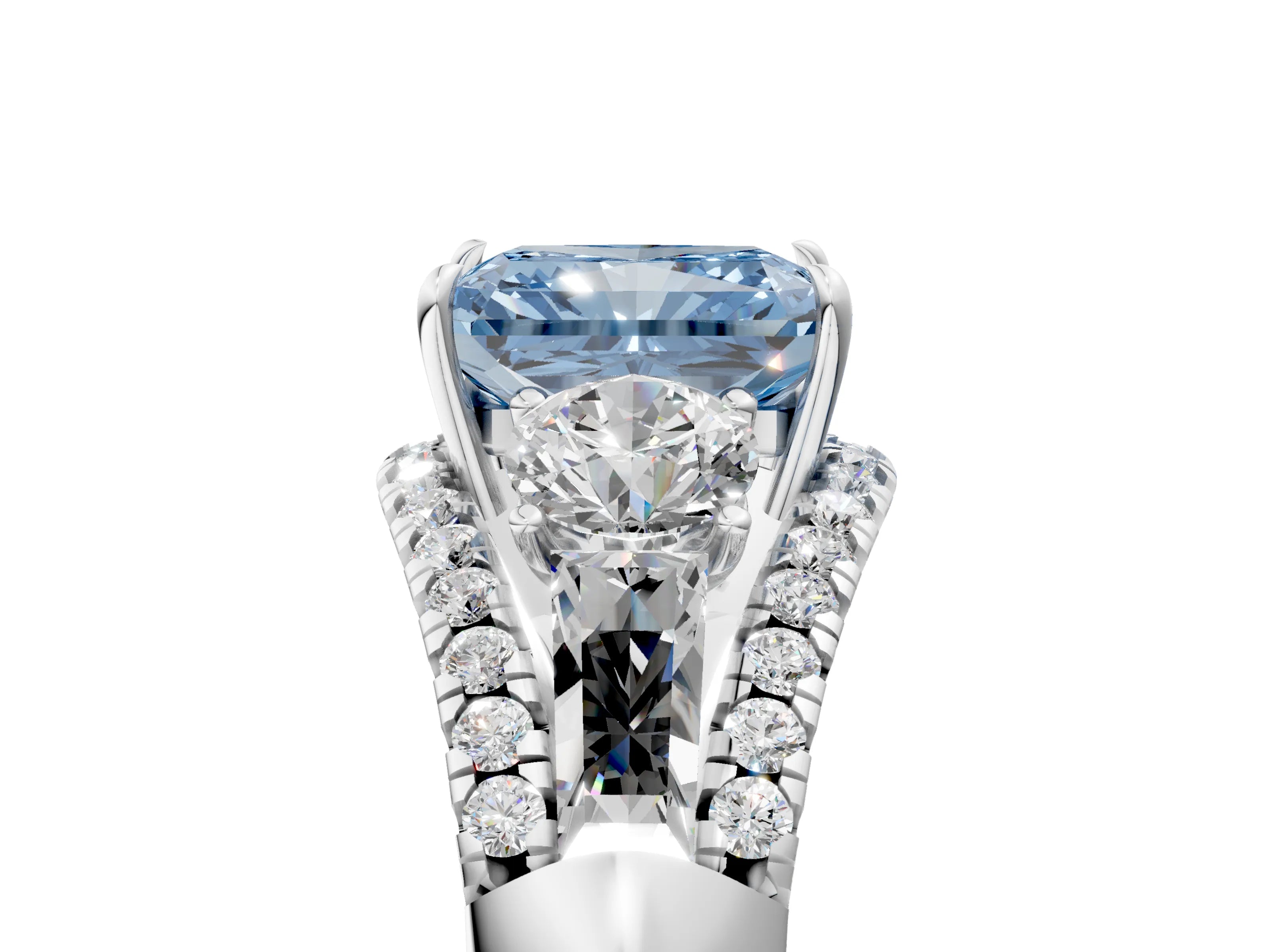 White gold Three-Stone Fancy Blue Radiant Cut Diamond Engagement Ring with Pave Band and Prong Setting_17