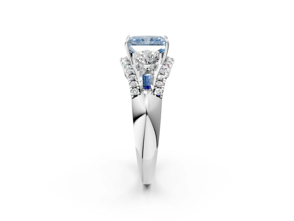 White gold Three-Stone Fancy Blue Radiant Cut Diamond Engagement Ring with Pave Band and Prong Setting