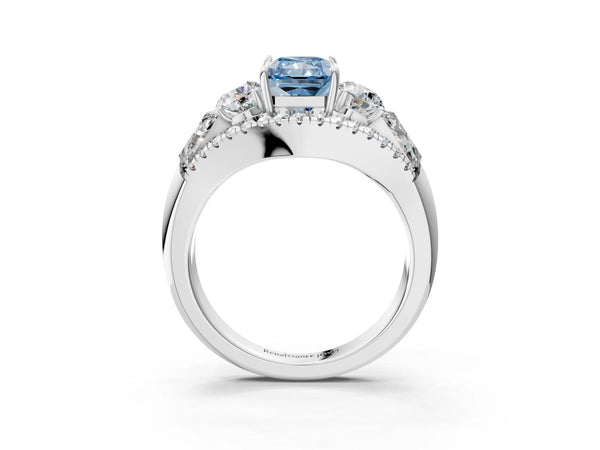 White gold Three-Stone Fancy Blue Radiant Cut Diamond Engagement Ring with Pave Band and Prong Setting