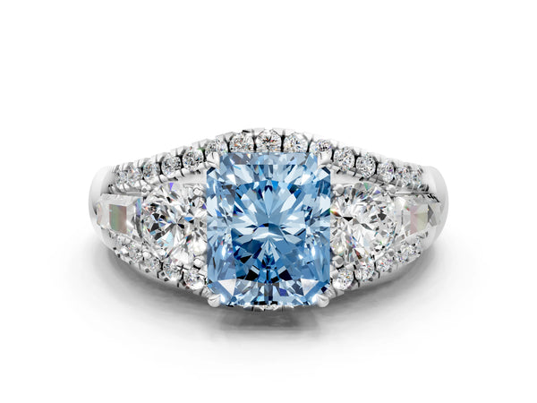 White gold Three-Stone Fancy Blue Radiant Cut Diamond Engagement Ring with Pave Band and Prong Setting