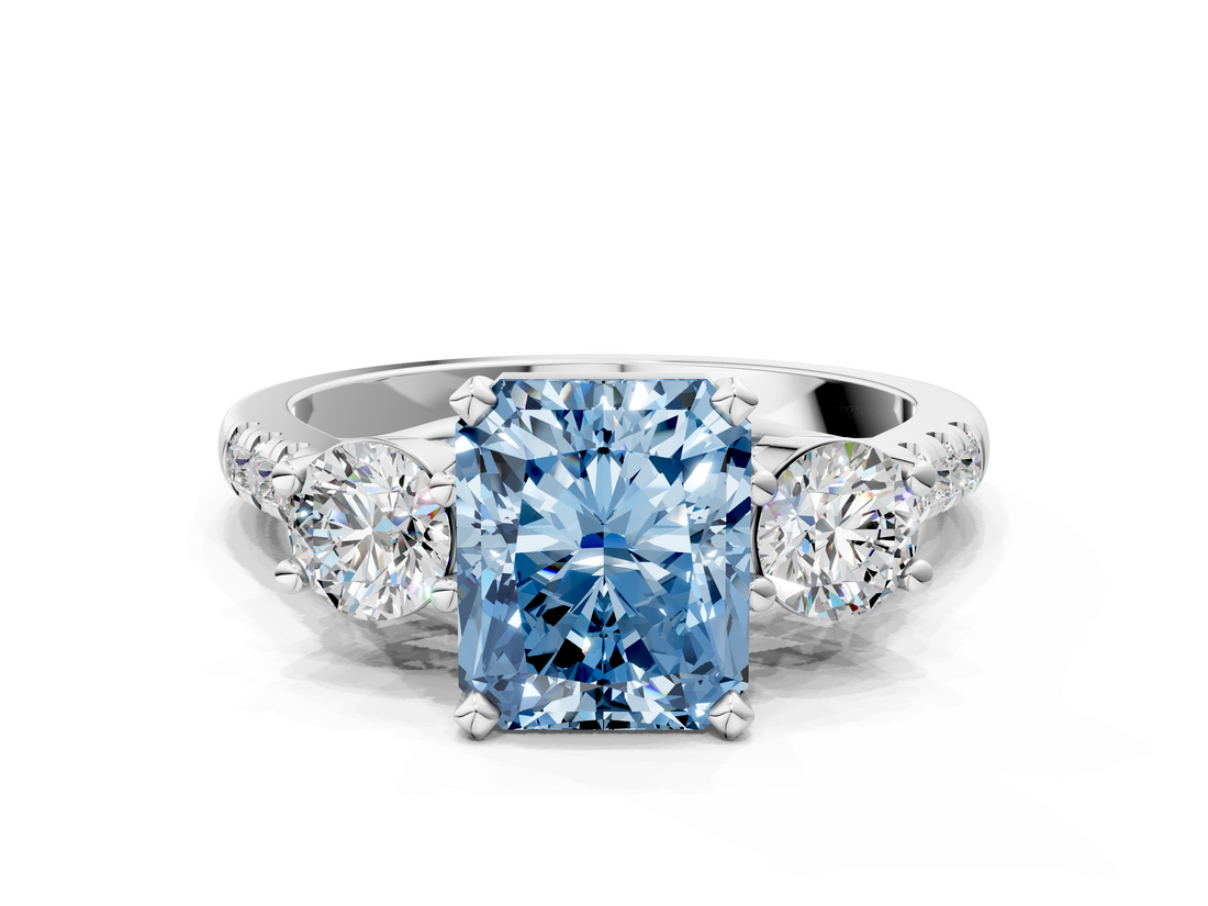 White gold Three-Stone Fancy Blue Radiant  Cut Diamond Pavé Band with Four-Prong Setting_25