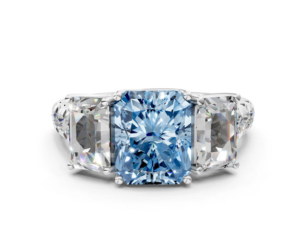 Platinum Three-Stone Fancy Blue Radiant Cut Diamond Pavé Band with Prong Setting