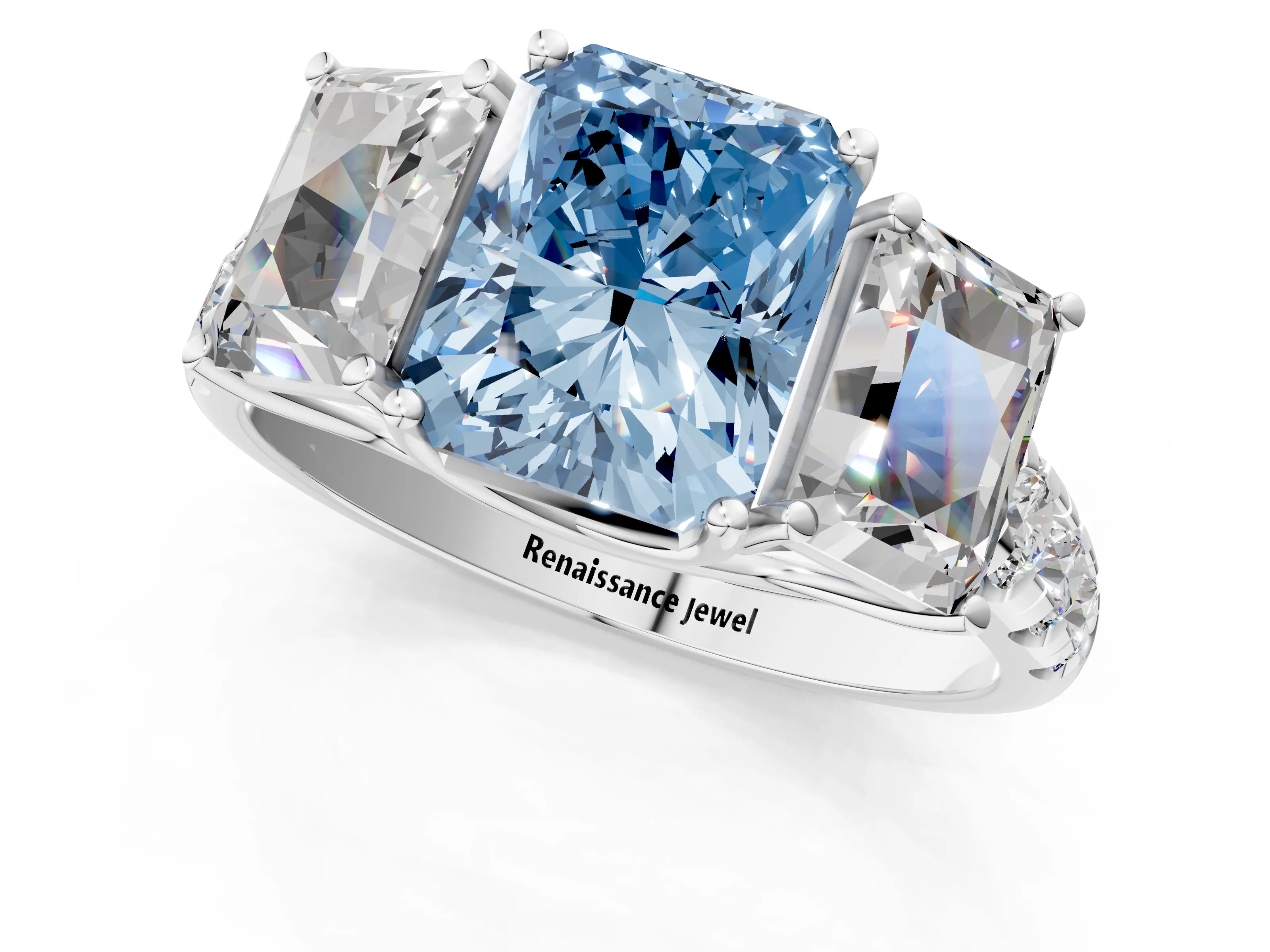 White gold Three-Stone Fancy Blue Radiant Cut Diamond Pavé Band with Prong Setting_13