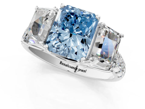 White gold Three-Stone Fancy Blue Radiant Cut Diamond Pavé Band with Prong Setting_13