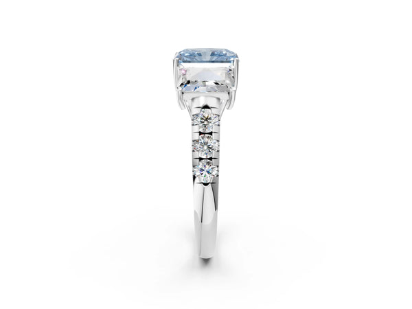 Platinum Three-Stone Fancy Blue Radiant Cut Diamond Pavé Band with Prong Setting