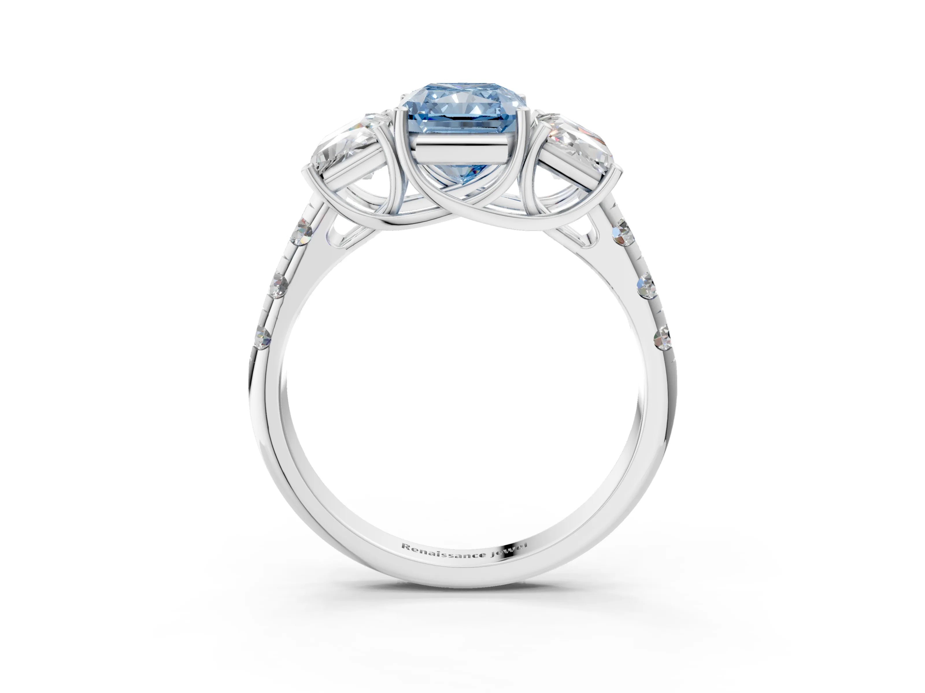 White gold Three-Stone Fancy Blue Radiant Cut Diamond Pavé Band with Prong Setting_15
