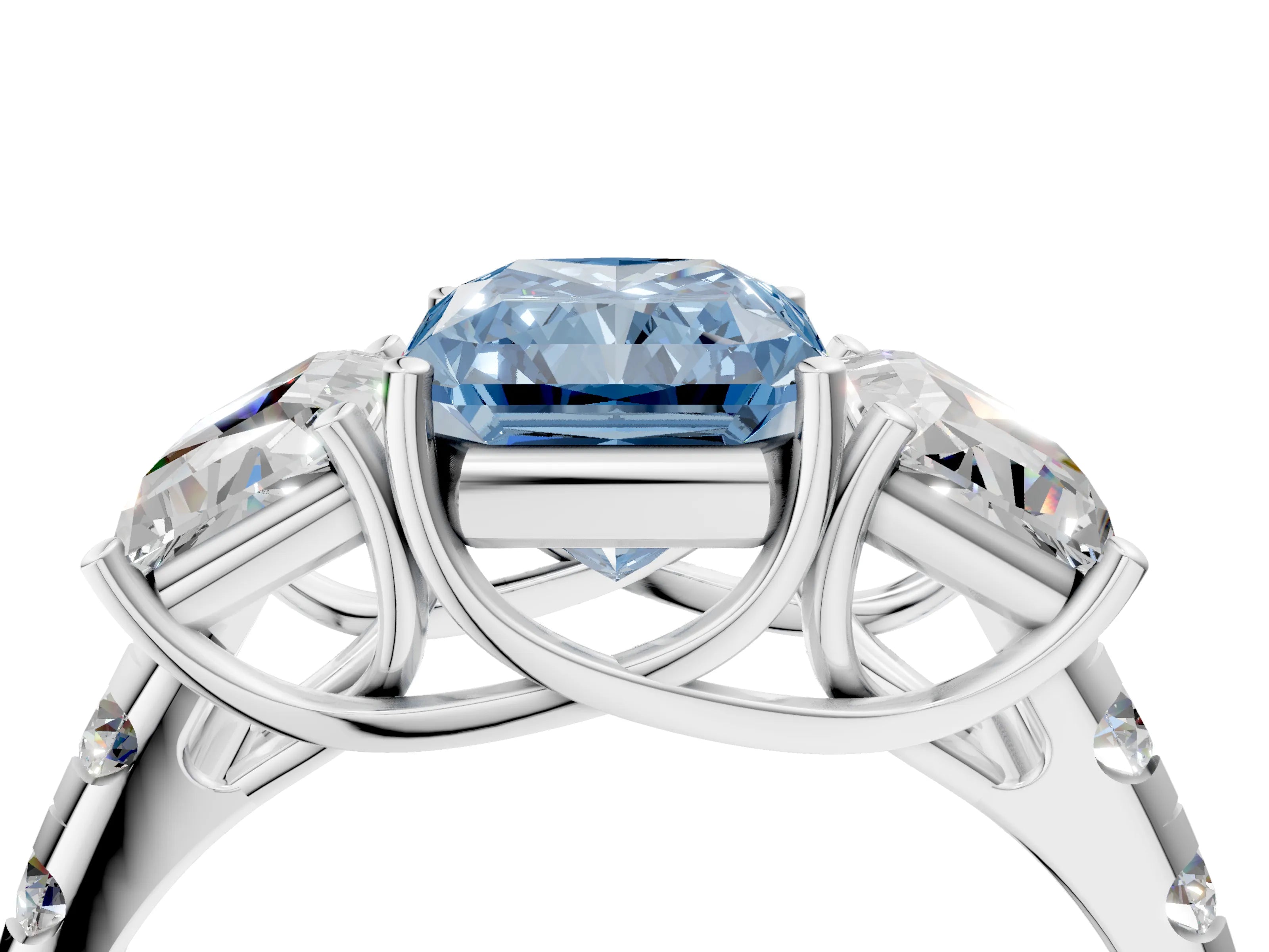 White gold Three-Stone Fancy Blue Radiant Cut Diamond Pavé Band with Prong Setting_16
