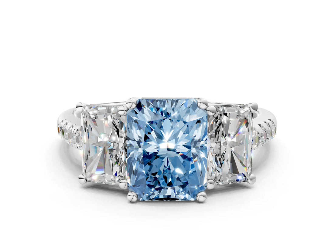 White gold Three-Stone Fancy Blue Radiant Cut Diamond Ring with Pavé Band and Prong Setting_123
