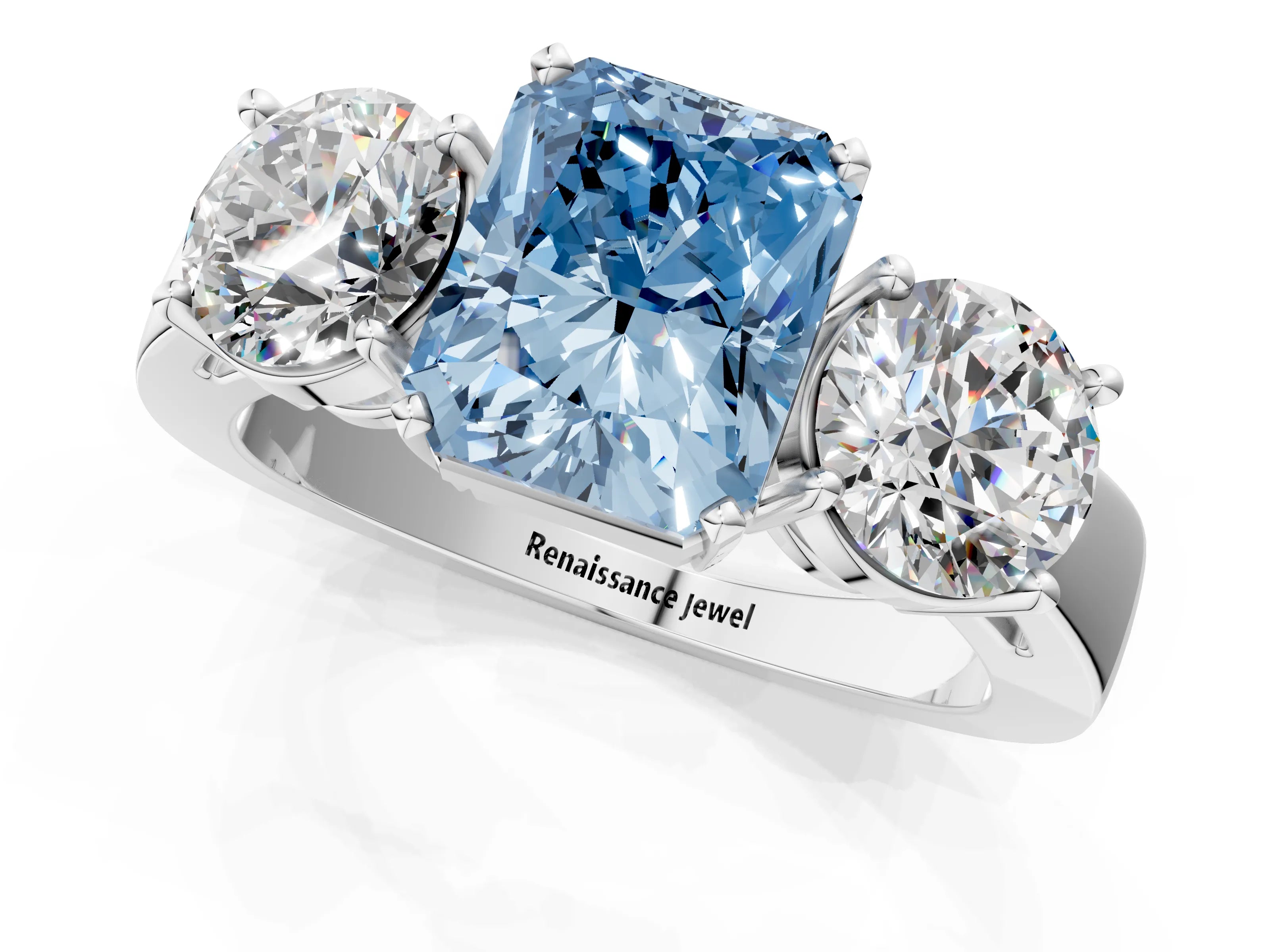 White gold Three-Stone Fancy Blue Radiant Cut Diamond Ring with Round Side Stones, Classic Band, and Four-Prong Setting_1