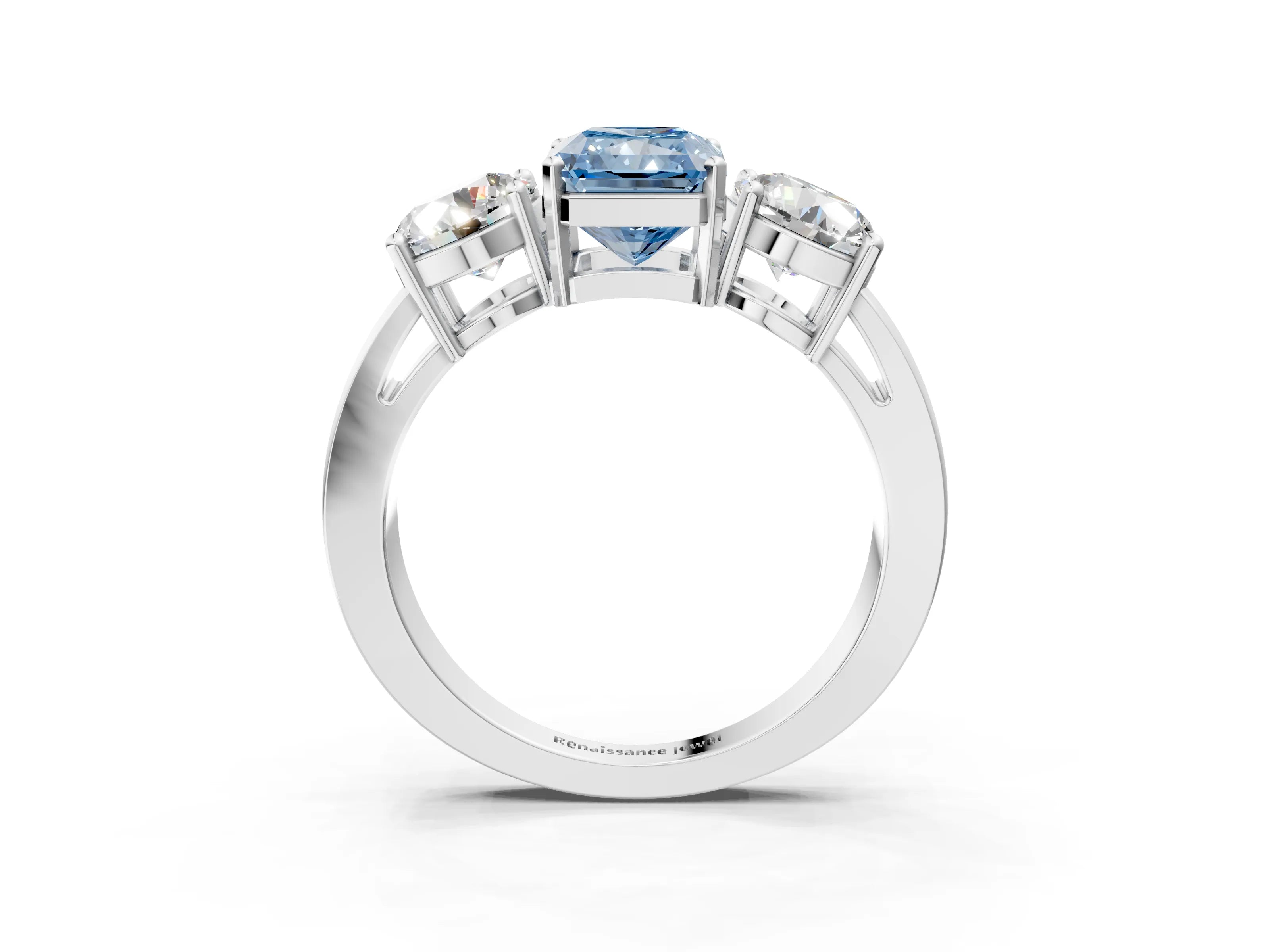 White gold Three-Stone Fancy Blue Radiant Cut Diamond Ring with Round Side Stones, Classic Band, and Four-Prong Setting_3