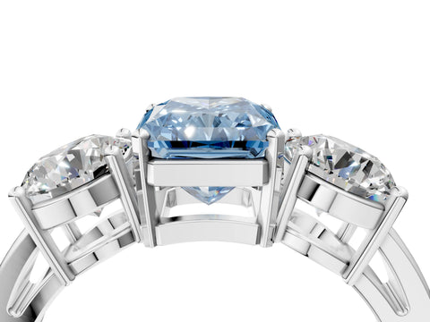 White gold Three-Stone Fancy Blue Radiant Cut Diamond Ring with Round Side Stones, Classic Band, and Four-Prong Setting_4