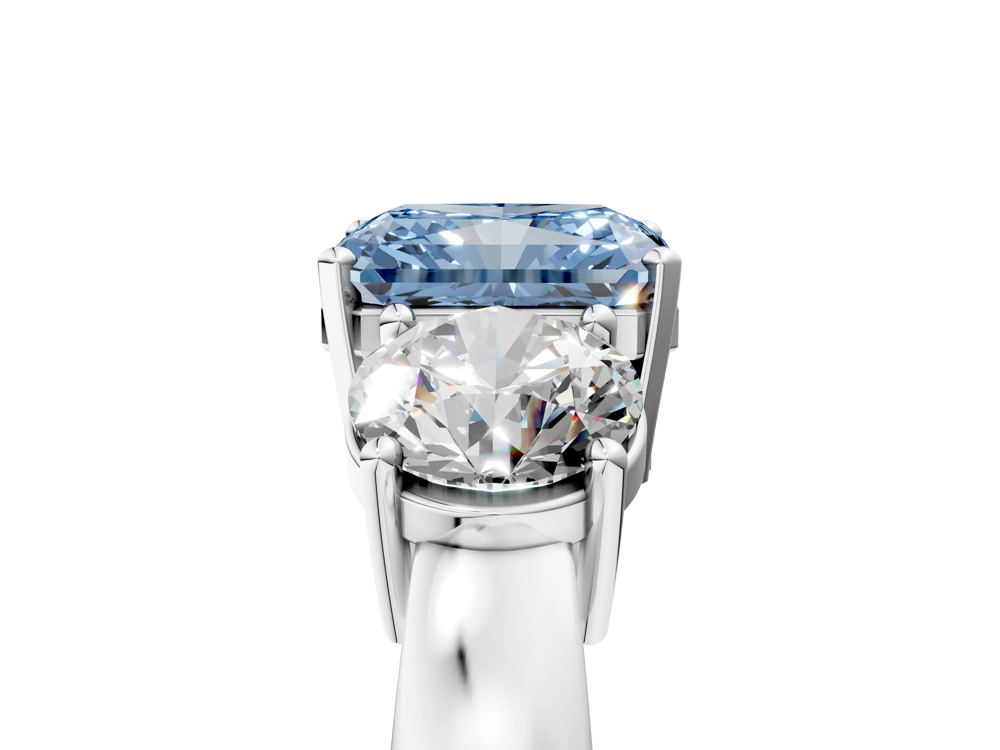 White gold Three-Stone Fancy Blue Radiant Cut Diamond Ring with Round Side Stones, Classic Band, and Four-Prong Setting_5