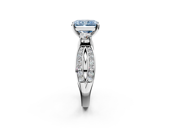White gold Three-Stone Fancy Blue Radiant  Cut Diamond Twist Band with Prong Setting