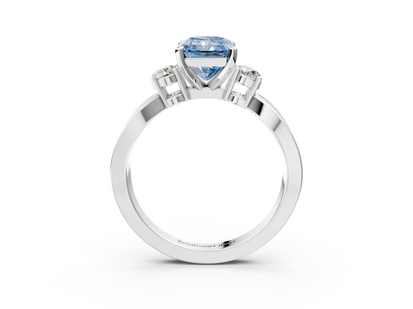 White gold Three-Stone Fancy Blue Radiant  Cut Diamond Twist Band with Prong Setting