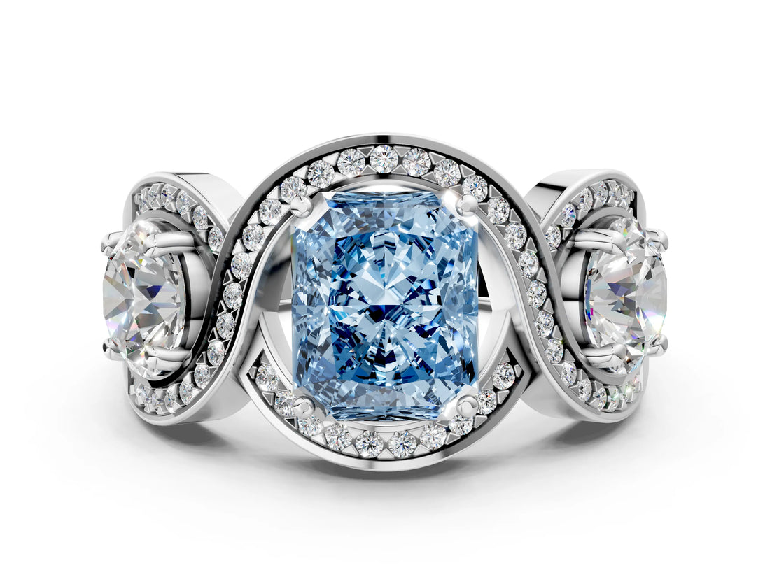 White gold Three-Stone Fancy Blue Radiant Cut Diamond Wave Pave Band with Prong Setting_6