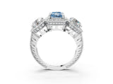 White gold Three-Stone Fancy Blue Radiant Cut Halo Diamond Milgrain Band with Four-Prong Setting_3