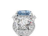 White gold Three-Stone Fancy Blue Radiant Cut Halo Diamond Milgrain Band with Four-Prong Setting_5