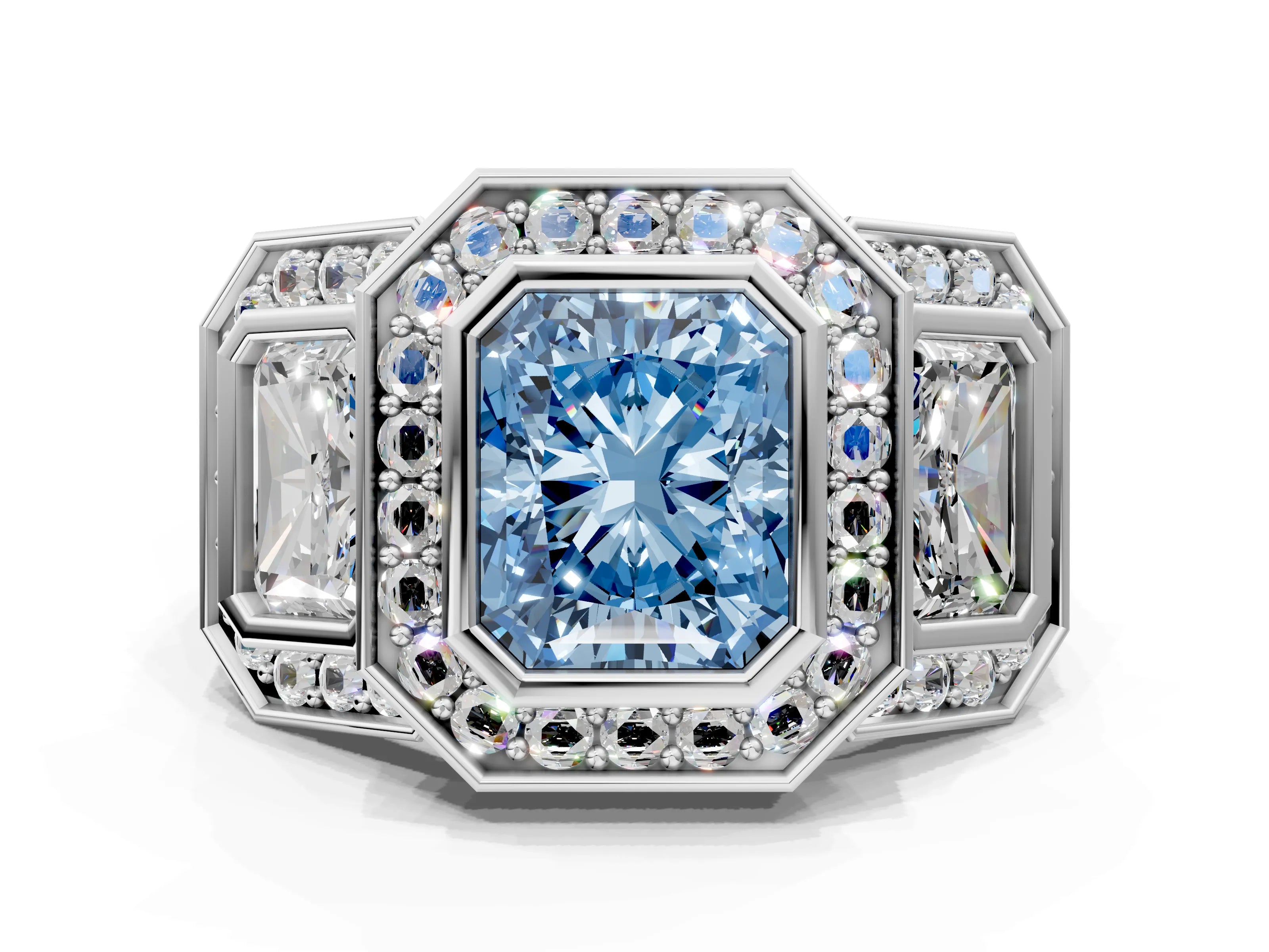 White gold Three-Stone Fancy Blue Radiant Cut Halo Pavé Diamond Ring