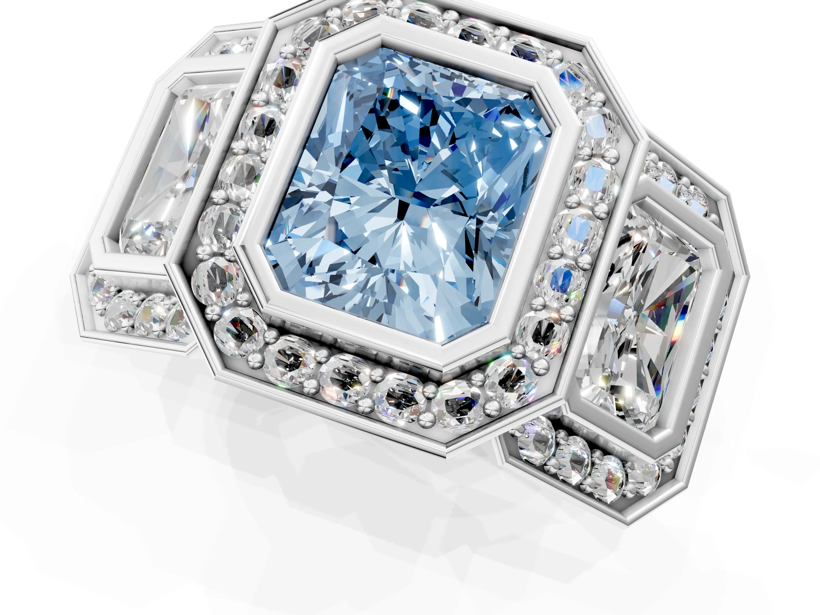 White gold Three-Stone Fancy Blue Radiant Cut Halo Pavé Diamond Ring_1