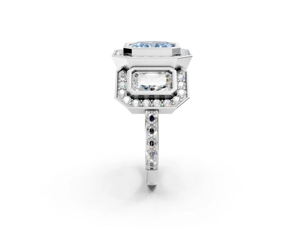 Platinum Radiant Cut Bezel Three Stone Halo Engagement Ring Setting for Fancy Blue Center