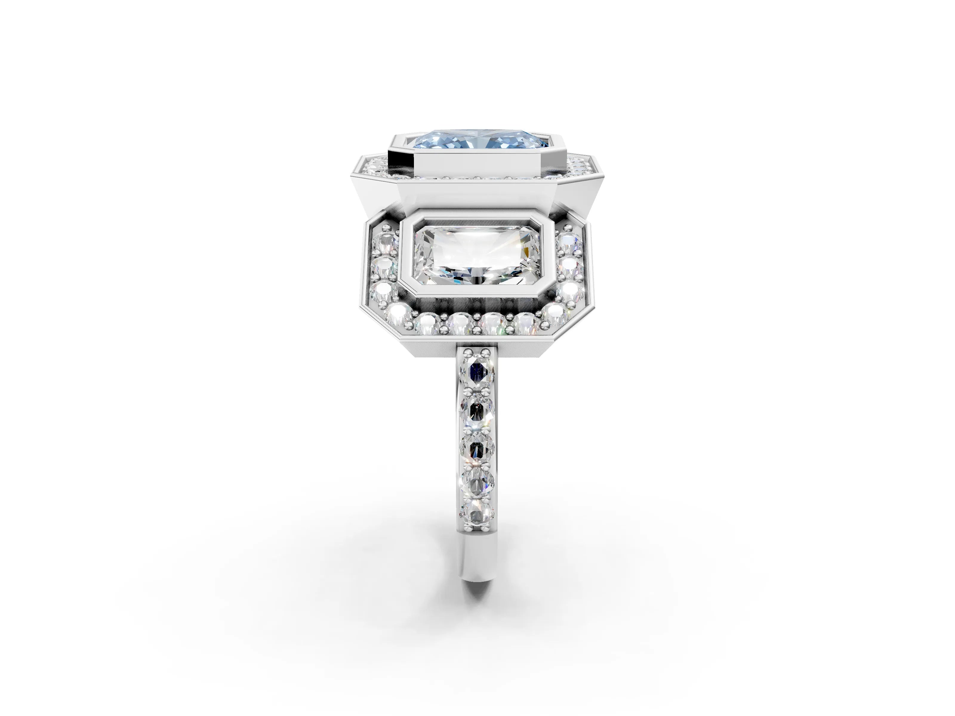 White gold Three-Stone Fancy Blue Radiant Cut Halo Pavé Diamond Ring_2