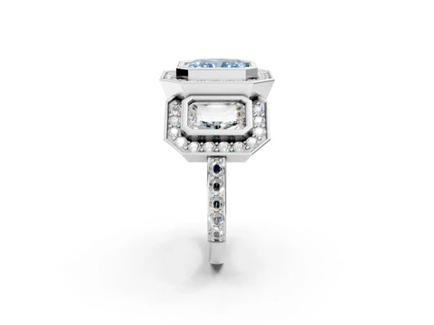 White gold Three-Stone Fancy Blue Radiant Cut Halo Pavé Diamond Ring_2