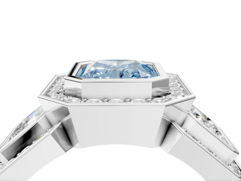 White gold Three-Stone Fancy Blue Radiant Cut Halo Pavé Diamond Ring_4