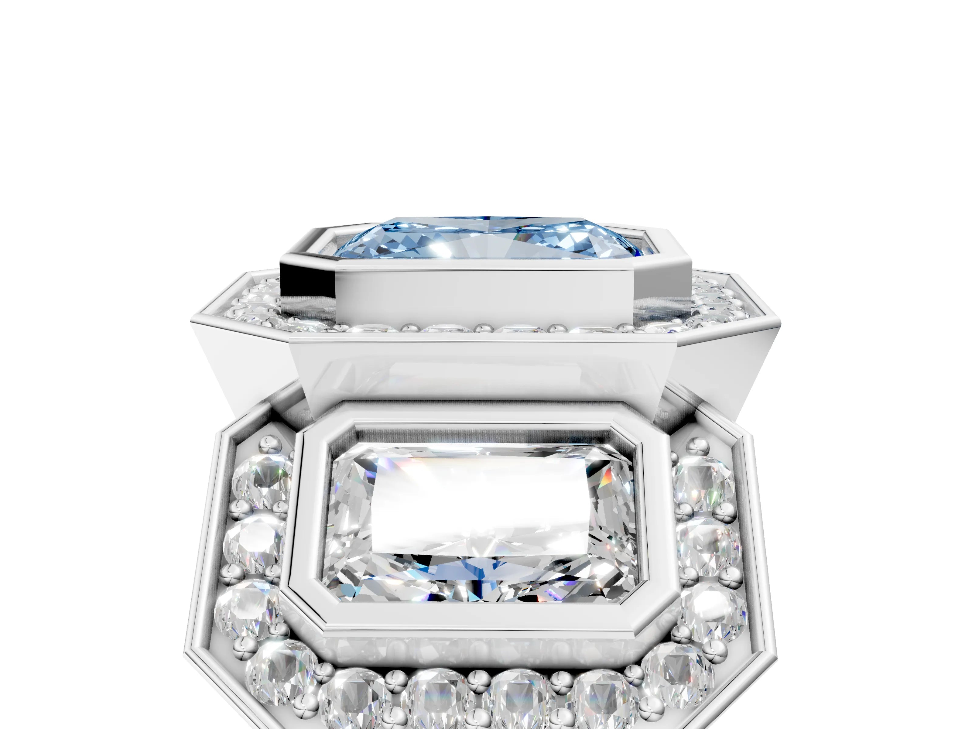 White gold Three-Stone Fancy Blue Radiant Cut Halo Pavé Diamond Ring_5