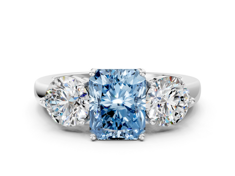 White gold Three-Stone Fancy Blue Radiant  Cut Solitaire Ring with Prong Setting on a Classic Band_48