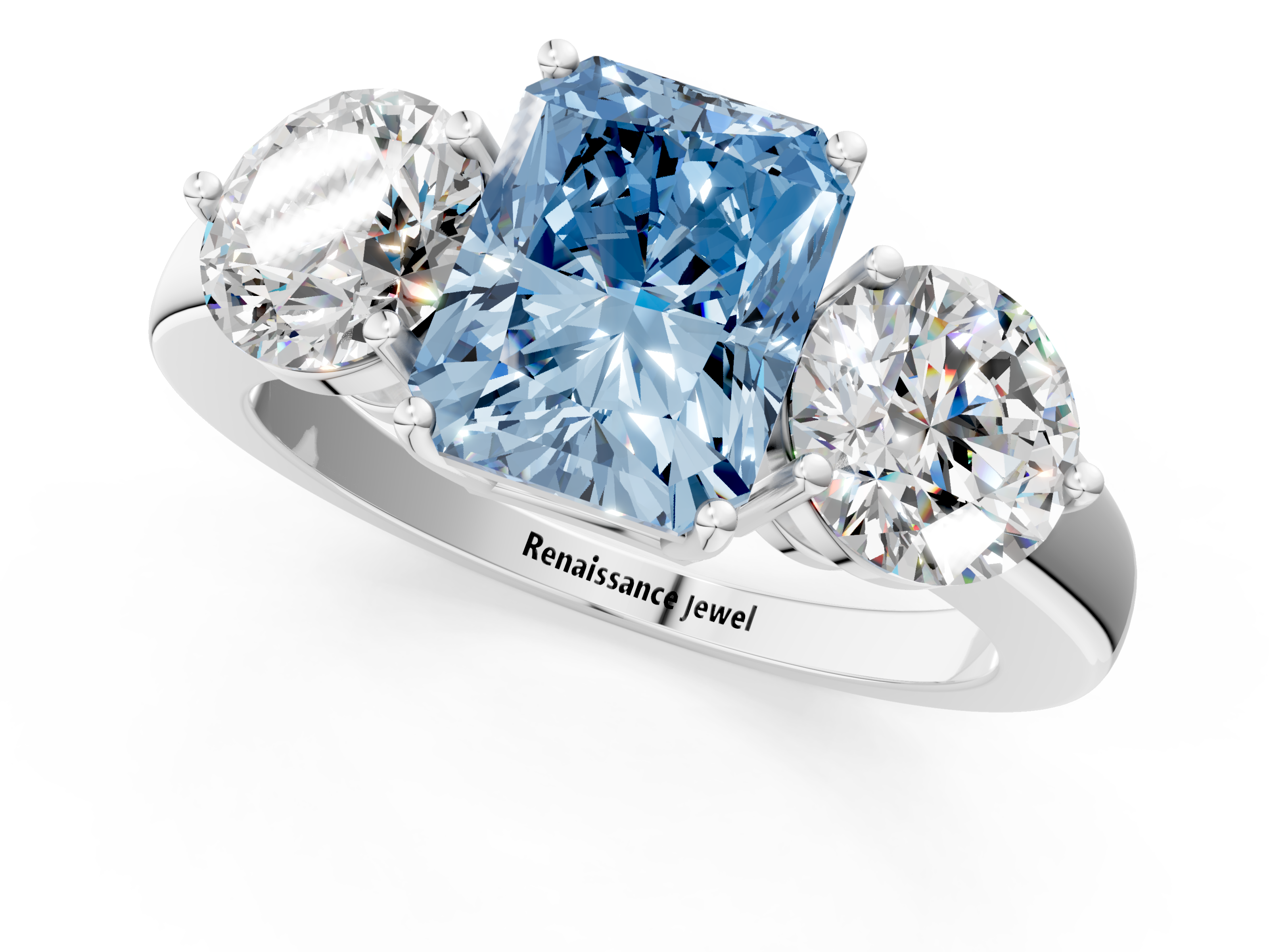 White gold Three-Stone Fancy Blue Radiant  Cut Solitaire Ring with Prong Setting on a Classic Band_49
