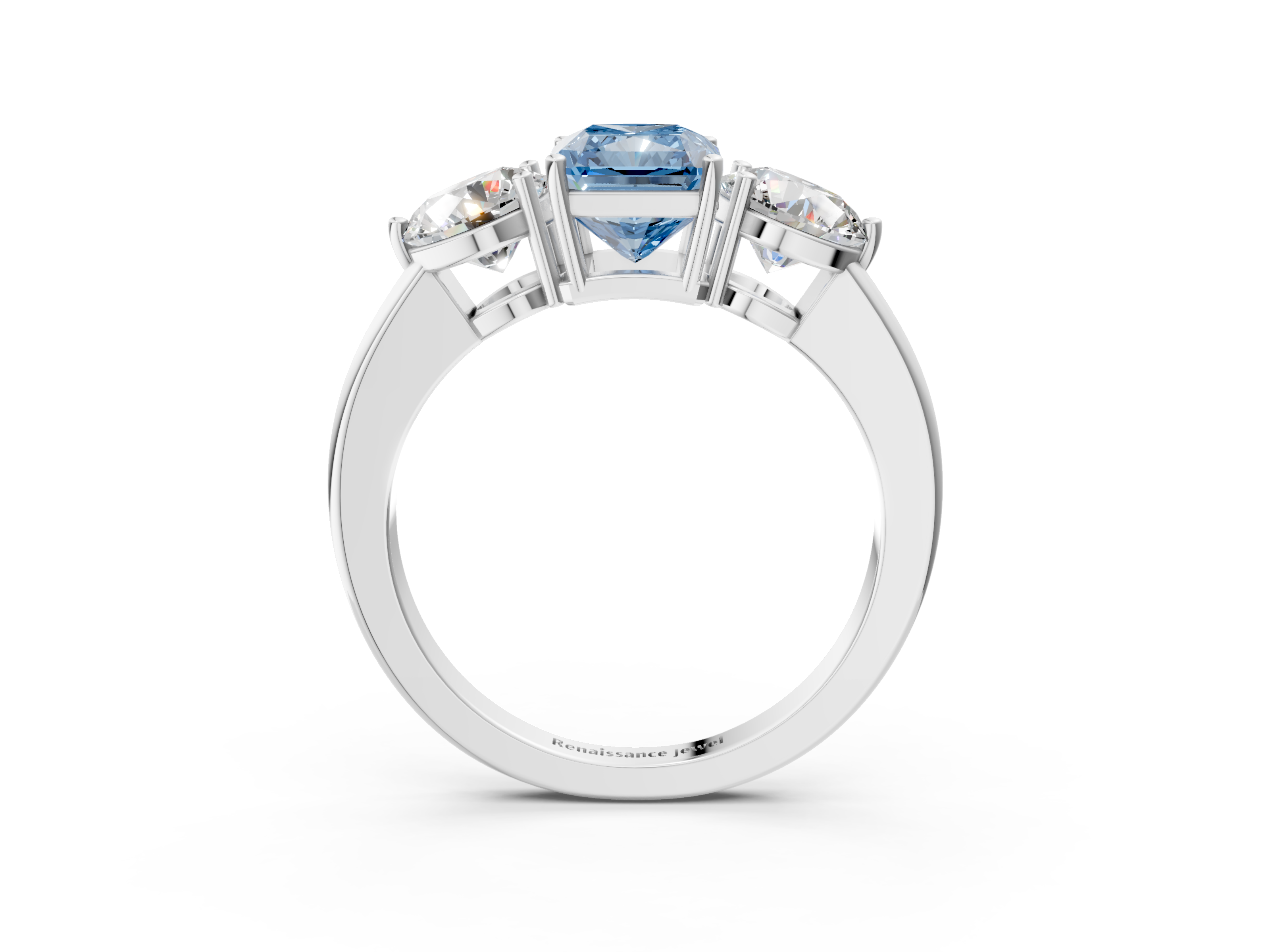 White gold Three-Stone Fancy Blue Radiant  Cut Solitaire Ring with Prong Setting on a Classic Band_51