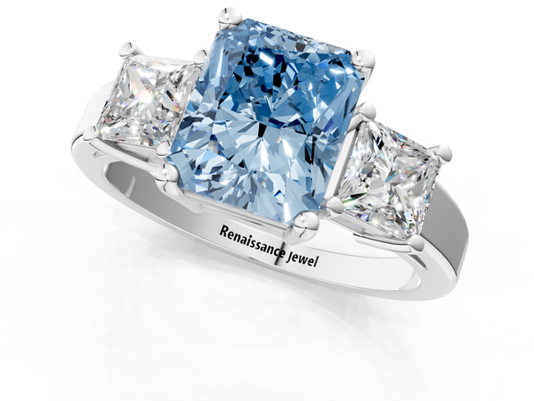 White gold Three-Stone Fancy Blue Radiant  Cut Solitaire Ring with Prong Setting