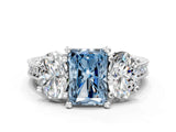 White gold Three-Stone Fancy Blue Radiant  Diamond Milgrain Pave Band with Prong Setting
