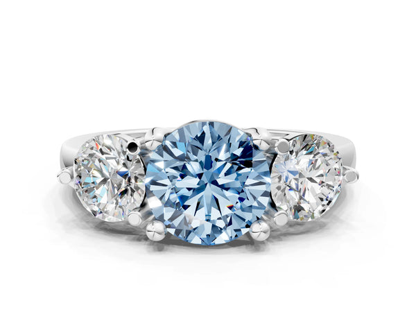 White gold Three-Stone Fancy Blue Round  Brilliant Cut Solitaire Ring with Prong Setting on a Classic Band