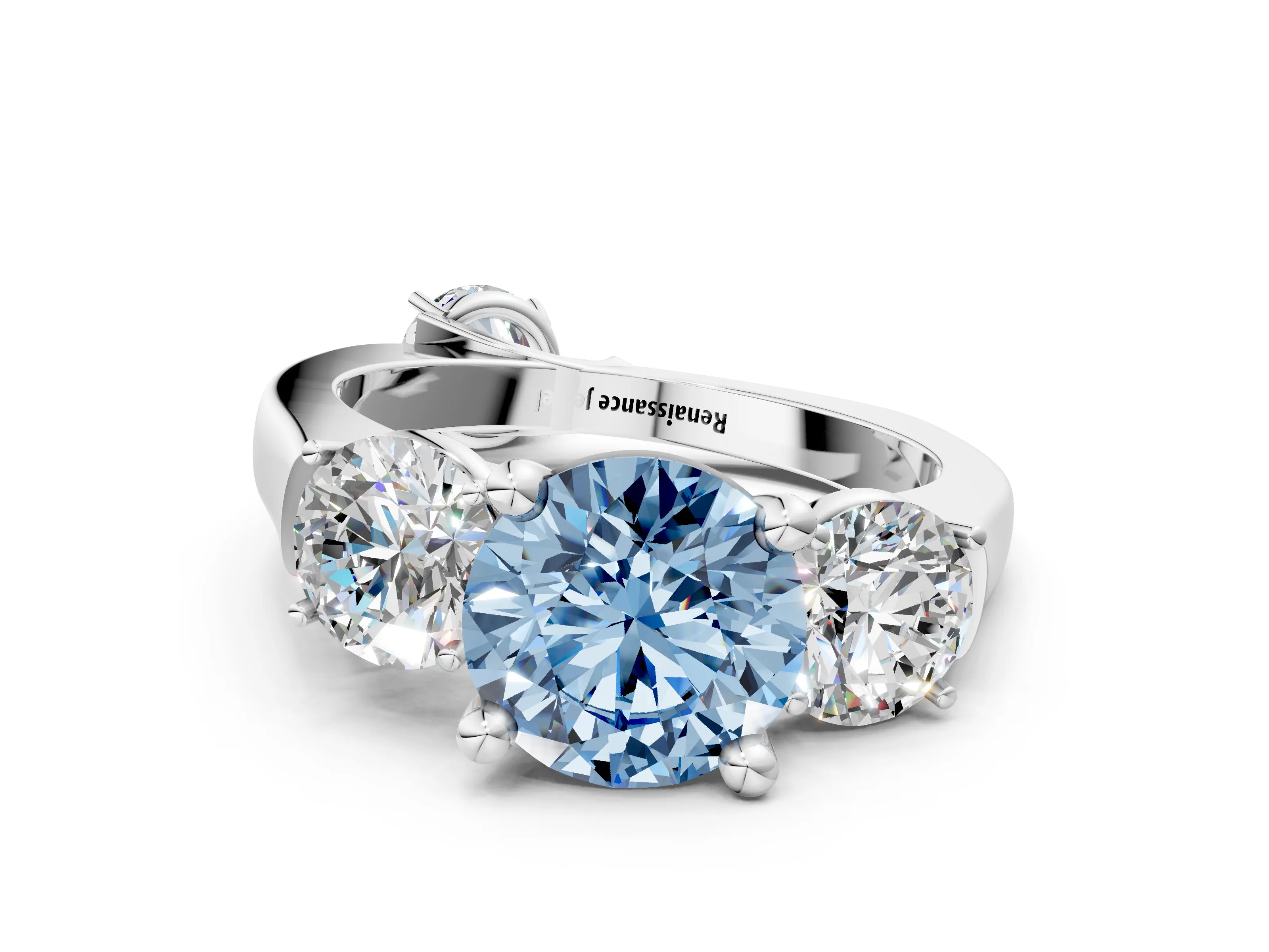 White gold Three-Stone Fancy Blue Round Cut Brilliant Diamond Trellis Ring with Comfort Fit Band_12