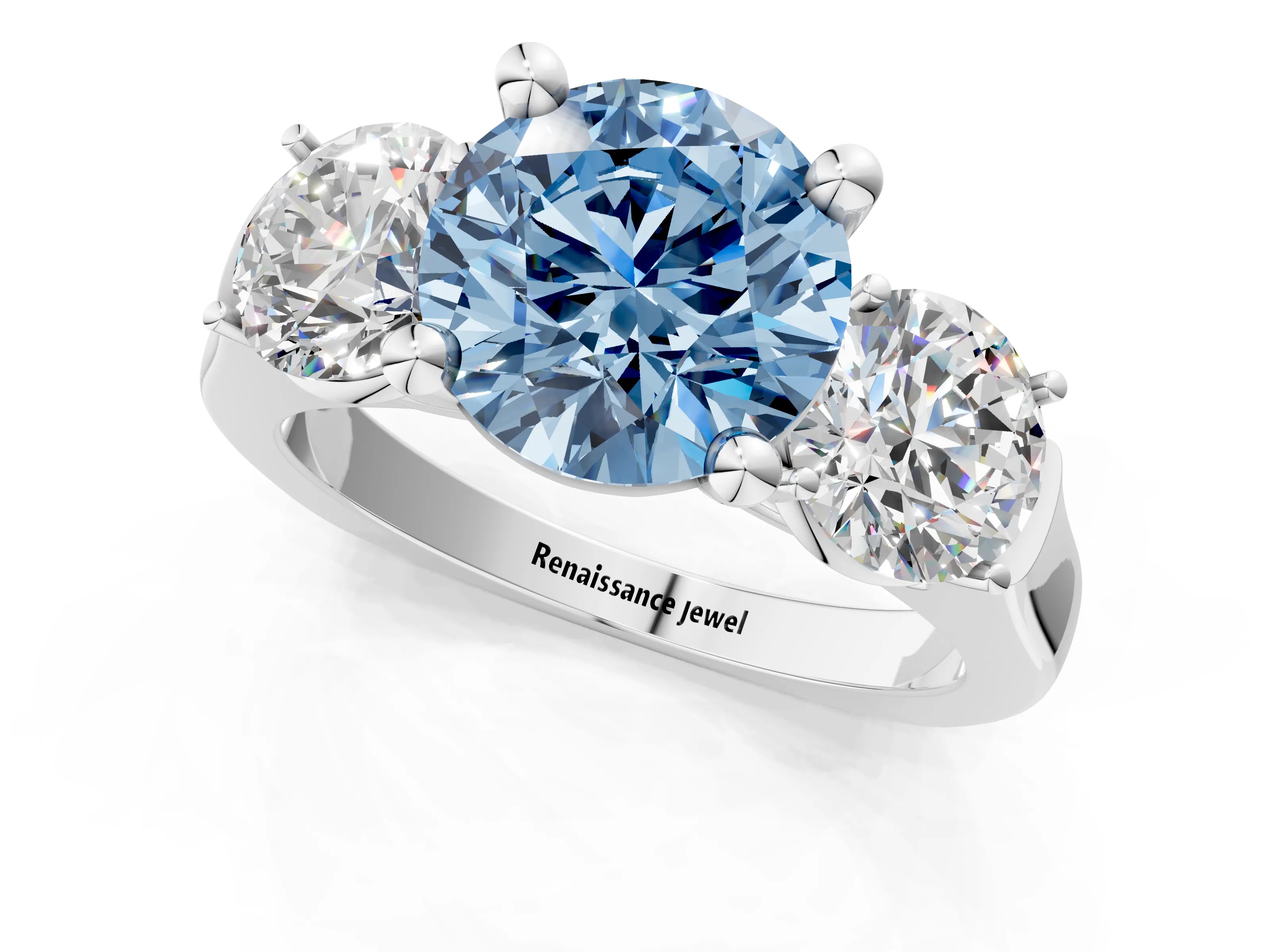 White gold Three-Stone Fancy Blue Round Cut Brilliant Diamond Trellis Ring with Comfort Fit Band_13