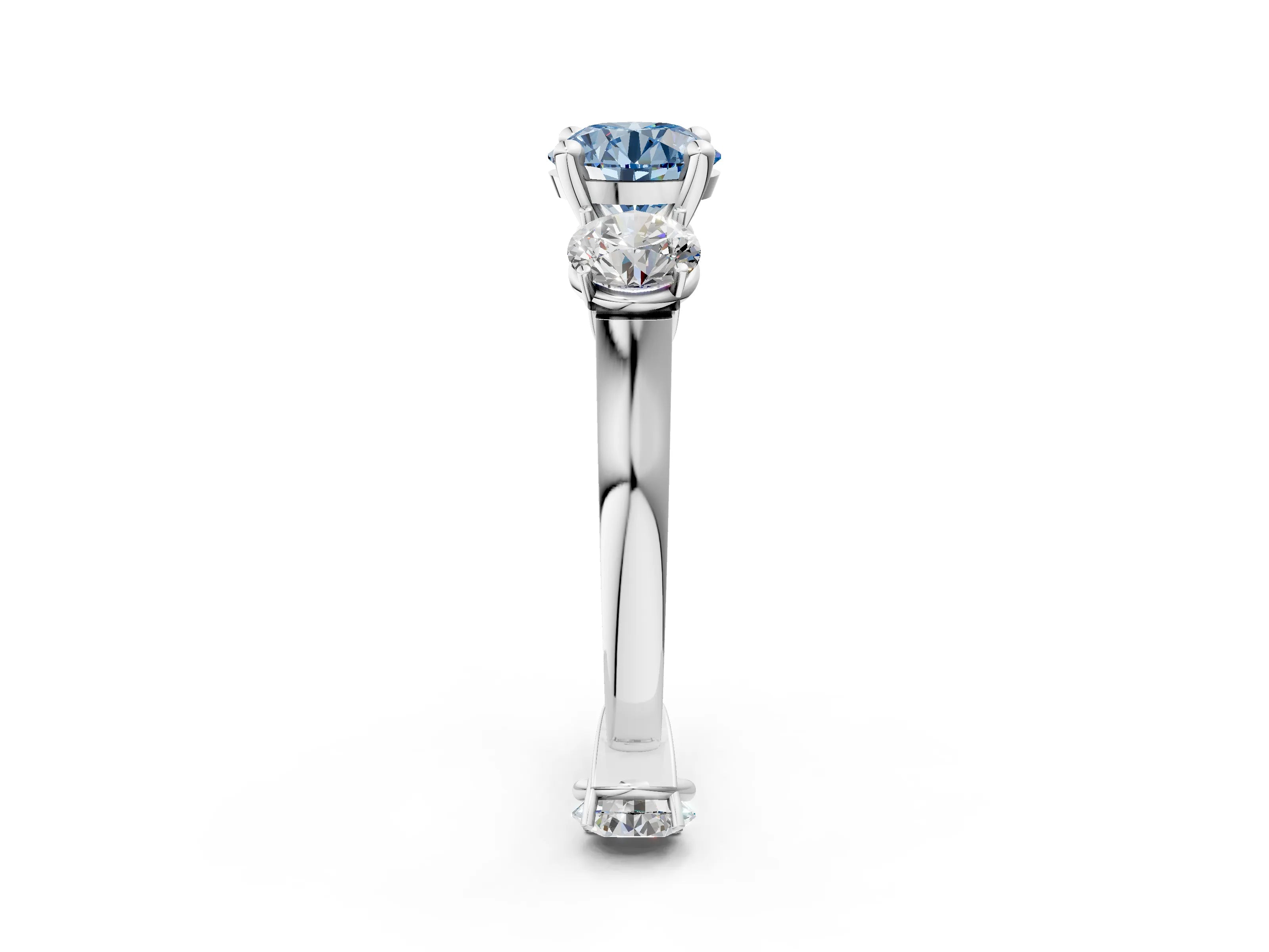 White gold Three-Stone Fancy Blue Round Cut Brilliant Diamond Trellis Ring with Comfort Fit Band_14
