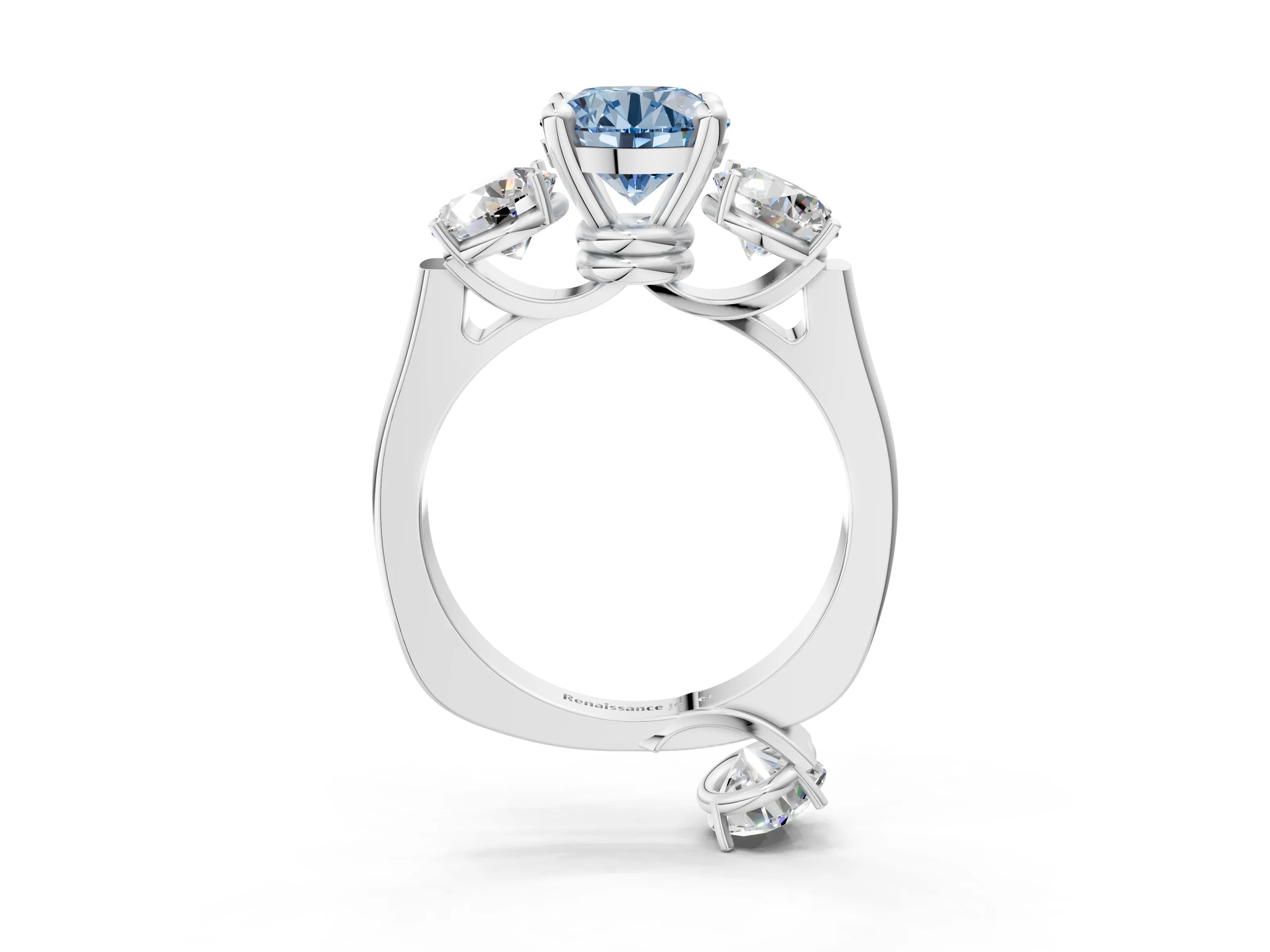 White gold Three-Stone Fancy Blue Round Cut Brilliant Diamond Trellis Ring with Comfort Fit Band_15