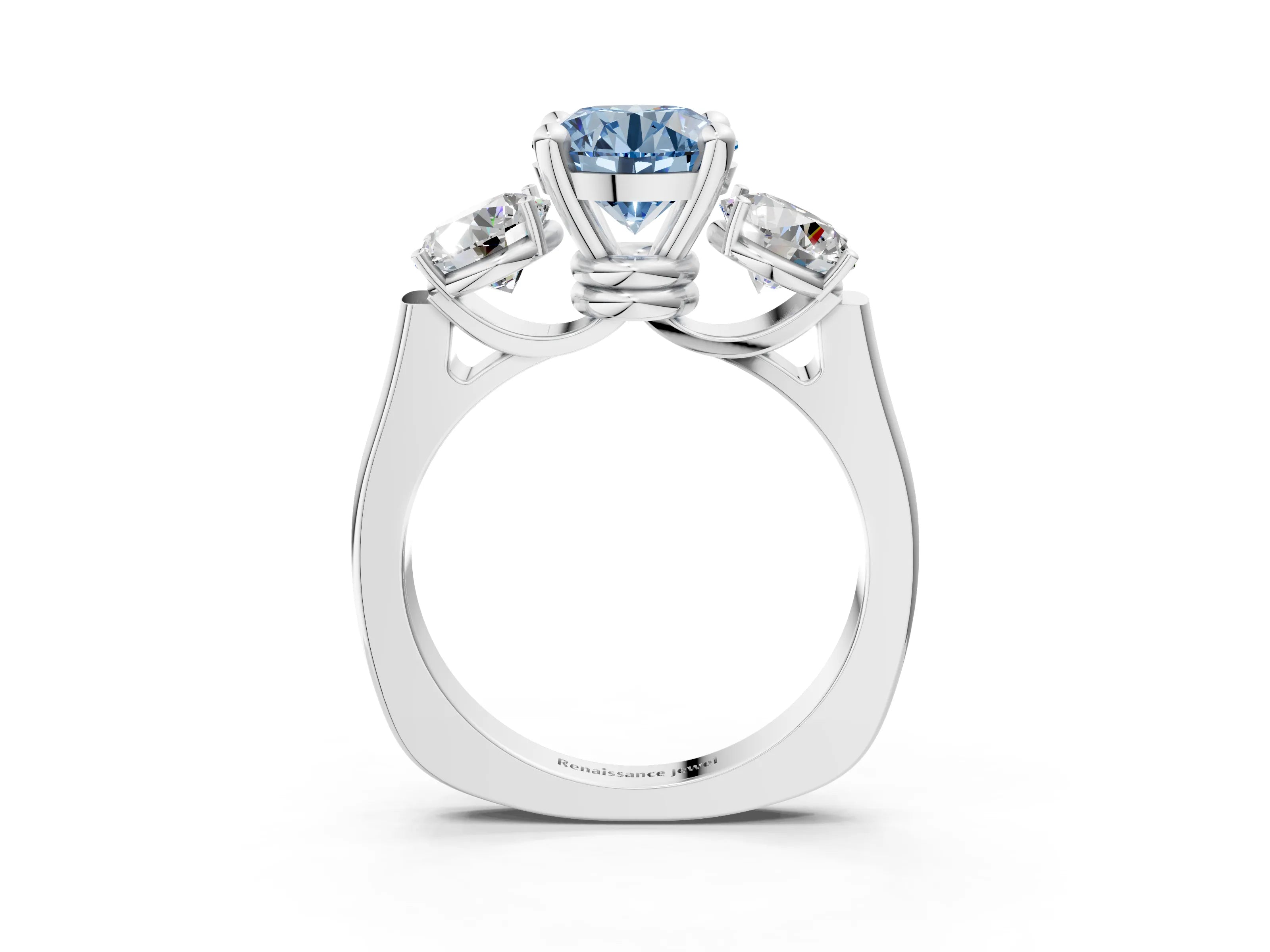 White gold Three-Stone Fancy Blue Round Cut Brilliant Diamond Trellis Ring with Comfort Fit Band_15