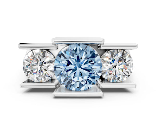 Platinum Three Stone Fancy Blue Round Cut Cut Channel Set Diamond Ring