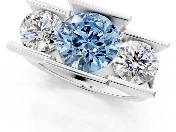 Platinum Three Stone Fancy Blue Round Cut Cut Channel Set Diamond Ring
