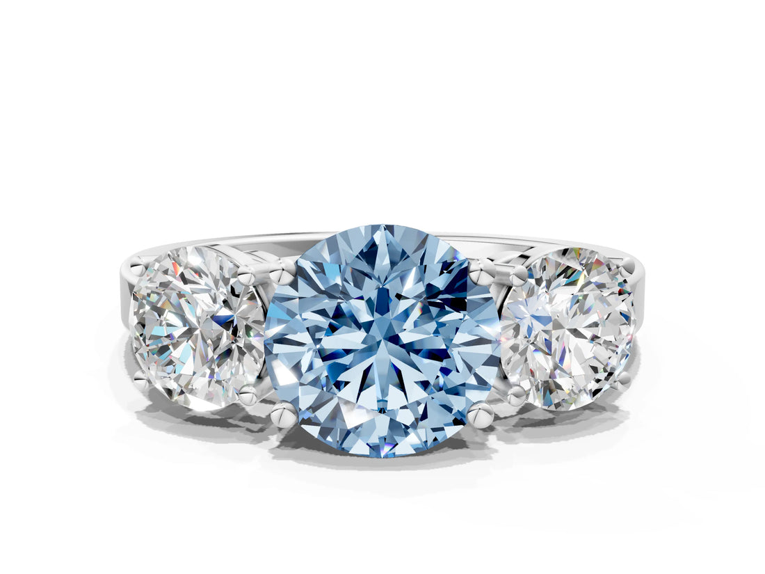White gold Three-Stone Fancy Blue Round Cut Cut Diamond Engagement Ring with Flat Band and Four-Prong Setting_12
