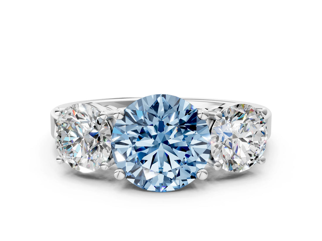 White gold Three-Stone Fancy Blue Round Cut Cut Diamond Engagement Ring with Flat Band and Four-Prong Setting_12